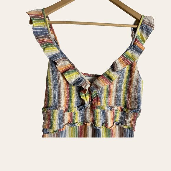 Saylor Alma Rainbow Striped Ruffled V-Neck Sleeveless Mini Dress Size L - Picture 6 of 15